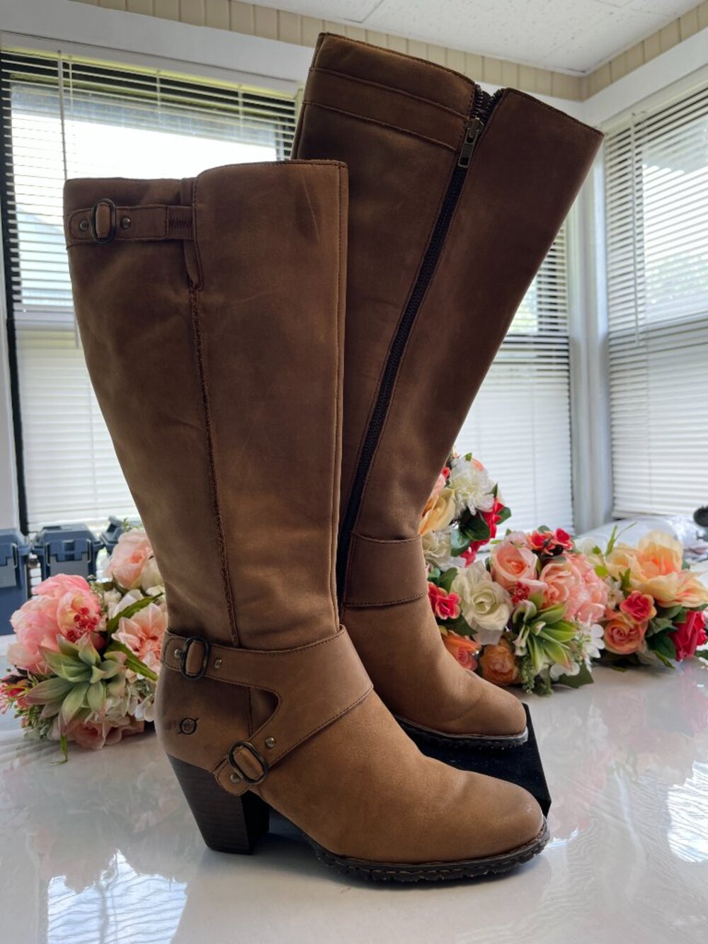 Born Fannar Leather Knee High Boots Brown Harness Buckle Block Heel Size 10/42 - Picture 10 of 16